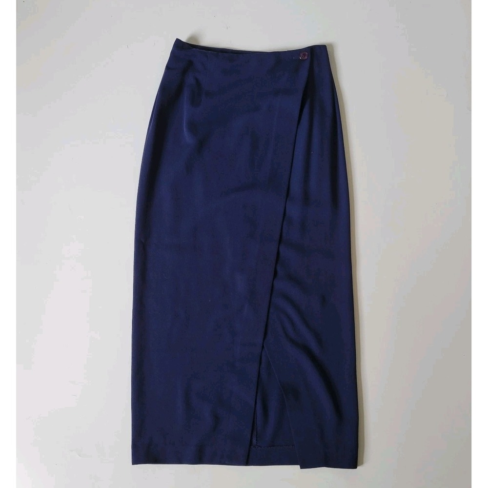The Limited Vintage Wrap Midi Skirt Navy Blue Rayon Wool Straight Classic Preppy
